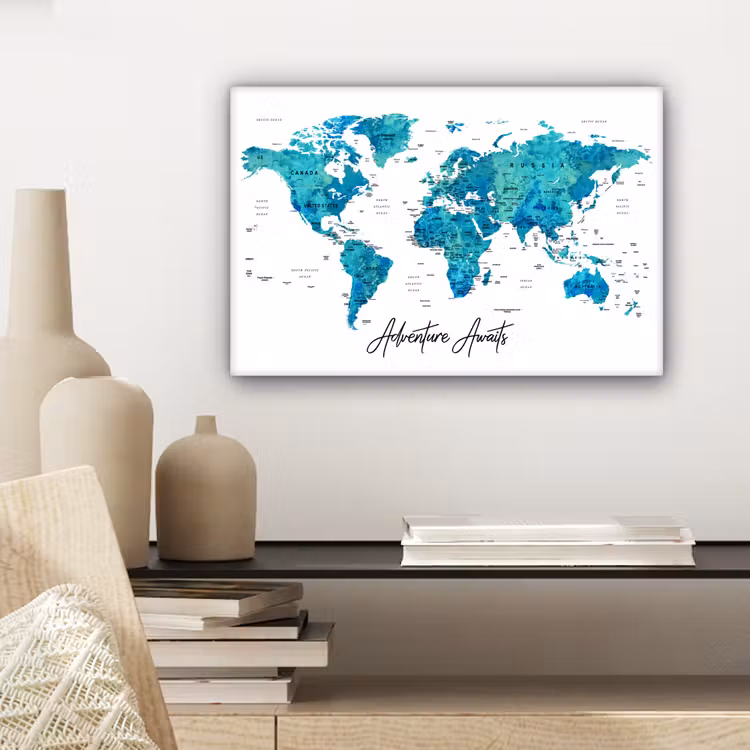 Wereldkaart - Blauw - Kleurrijk canvas 2cm klein -sfeer6