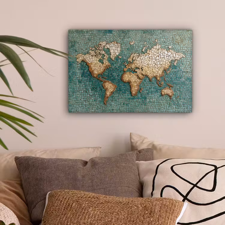 Wereldkaart - Gebroken tegels - Mozaïek canvas 2cm klein -sfeer1