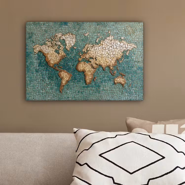 Wereldkaart - Gebroken tegels - Mozaïek canvas 2cm klein -sfeer3
