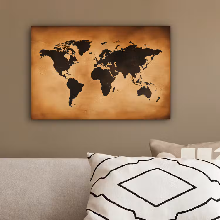 Wereldkaart - Bruin - Kaart canvas 2cm klein -sfeer3