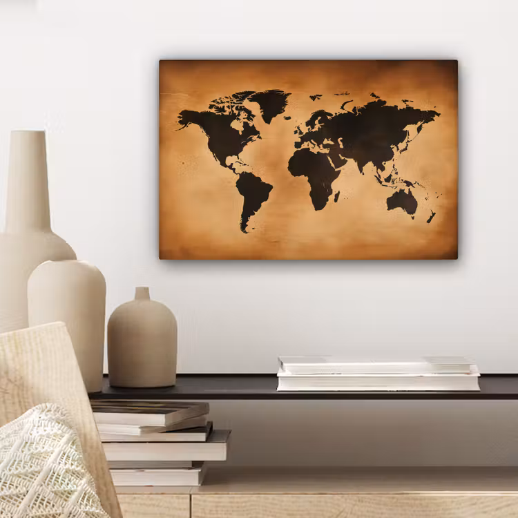 Wereldkaart - Bruin - Kaart canvas 2cm klein -sfeer6
