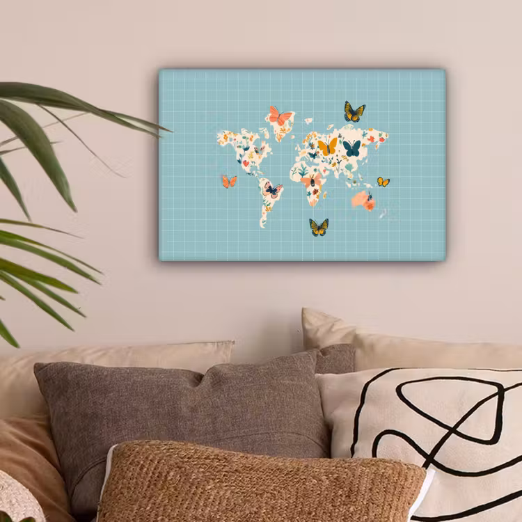 Wereldkaart - Vlinders - Dromerig canvas 2cm klein -sfeer1