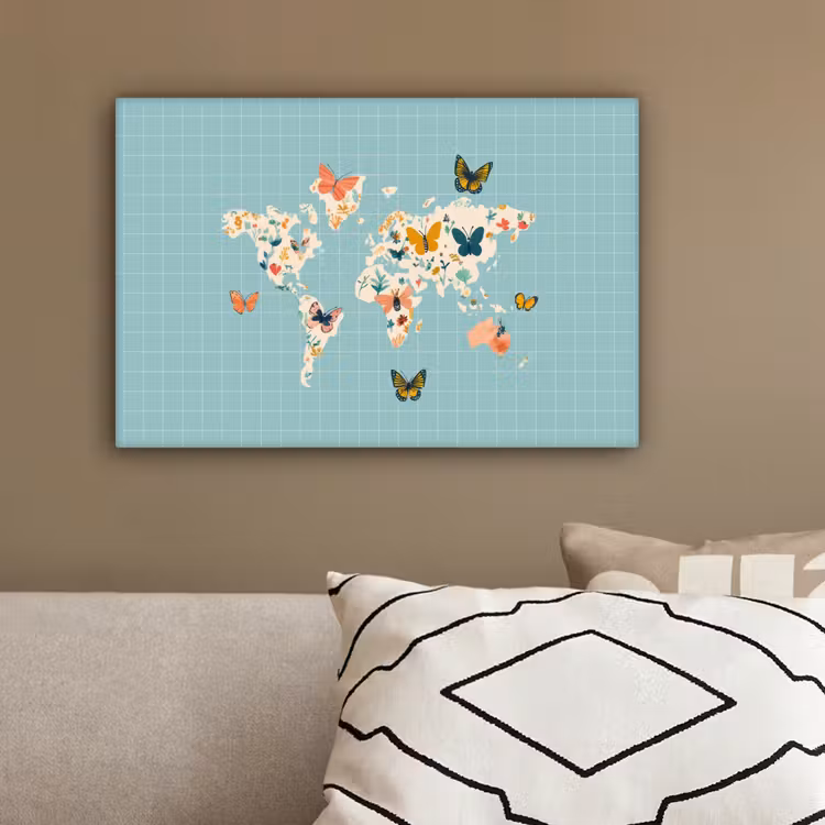 Wereldkaart - Vlinders - Dromerig canvas 2cm klein -sfeer3