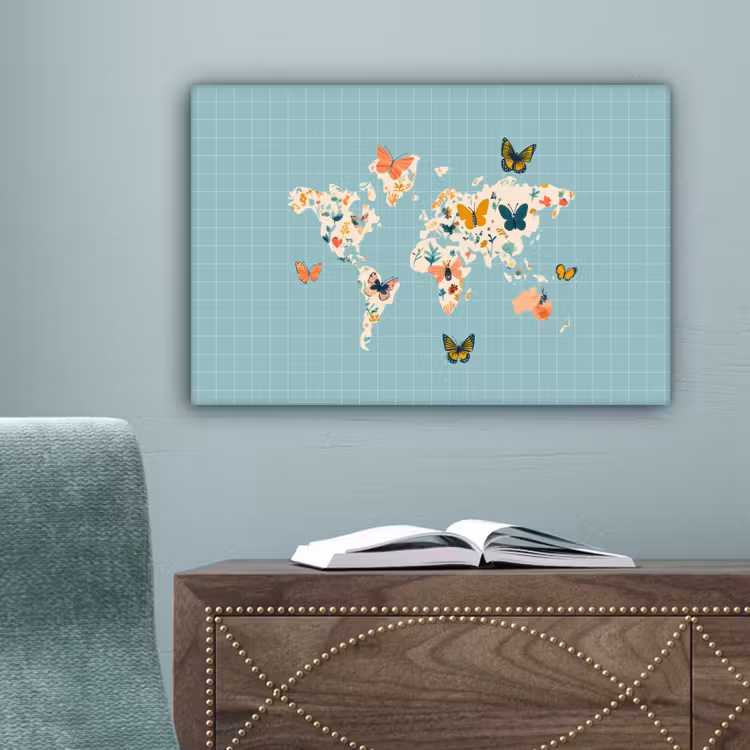 Wereldkaart - Vlinders - Dromerig canvas 2cm klein -sfeer4