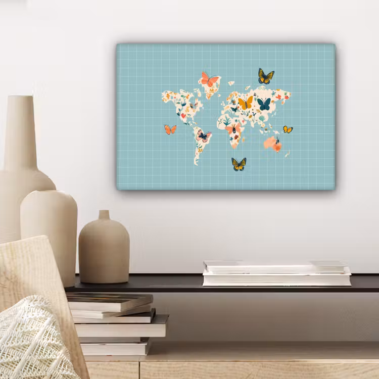 Wereldkaart - Vlinders - Dromerig canvas 2cm klein -sfeer6