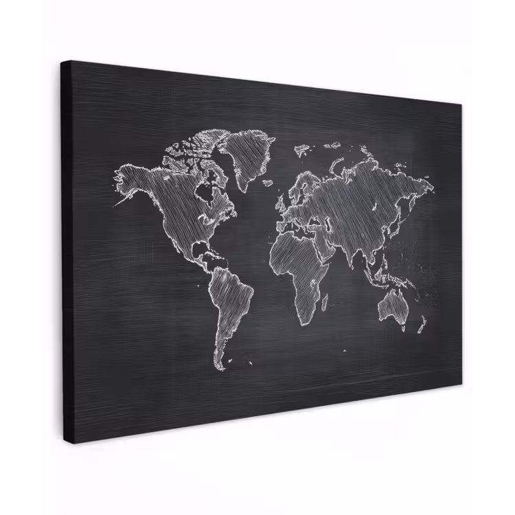Wereldkaart - Krijt - Zwart - minimalistisch canvas 2cm klein -z3d