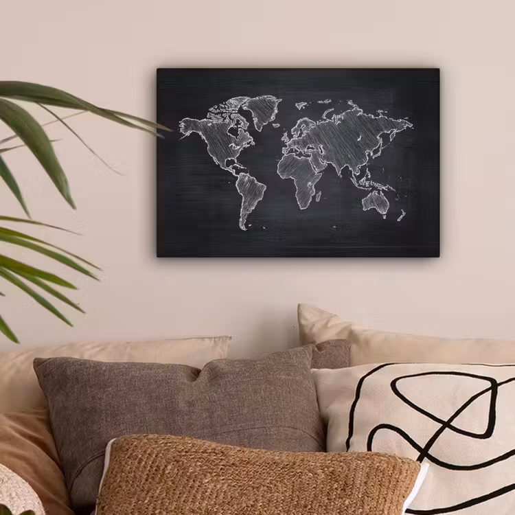 Wereldkaart - Krijt - Zwart - minimalistisch canvas 2cm klein -sfeer1
