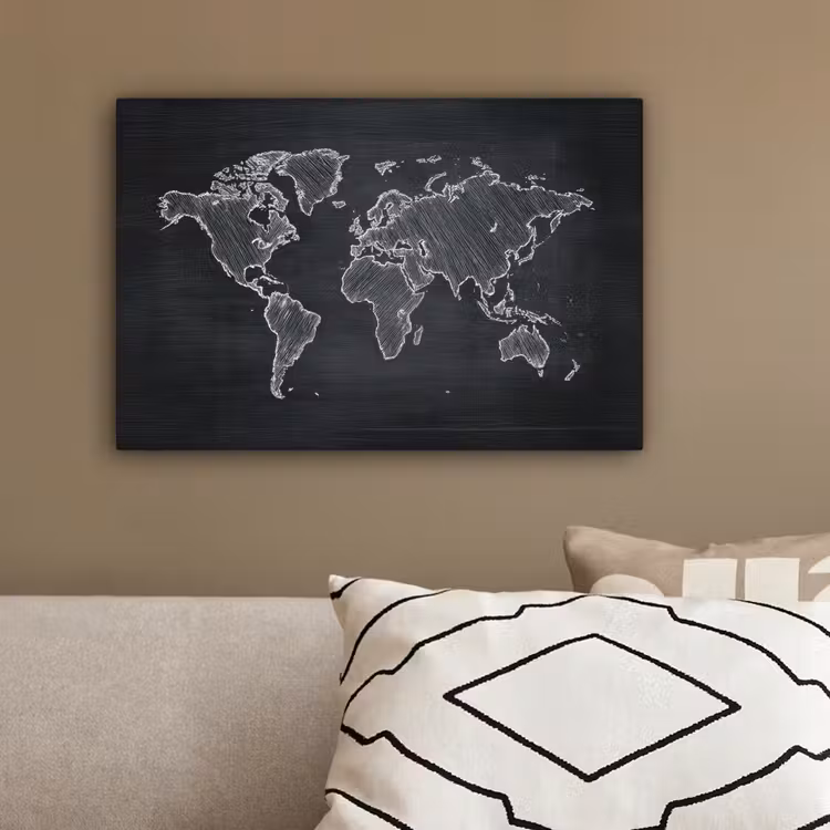 Wereldkaart - Krijt - Zwart - minimalistisch canvas 2cm klein -sfeer3