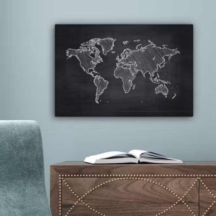 Wereldkaart - Krijt - Zwart - minimalistisch canvas 2cm klein -sfeer4