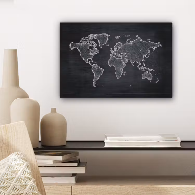 Wereldkaart - Krijt - Zwart - minimalistisch canvas 2cm klein -sfeer6