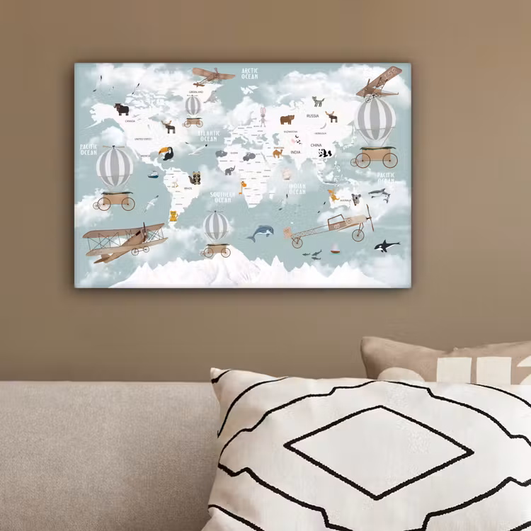 Wereldkaart - Kind - Vliegtuig canvas 2cm klein -sfeer3
