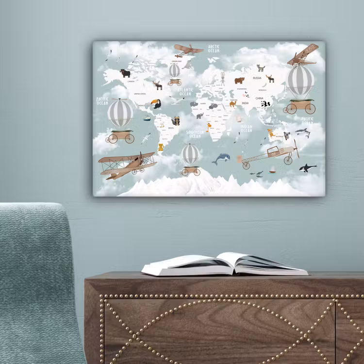 Wereldkaart - Kind - Vliegtuig canvas 2cm klein -sfeer4