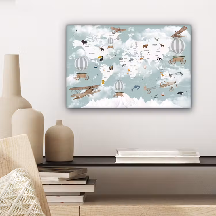 Wereldkaart - Kind - Vliegtuig canvas 2cm klein -sfeer6