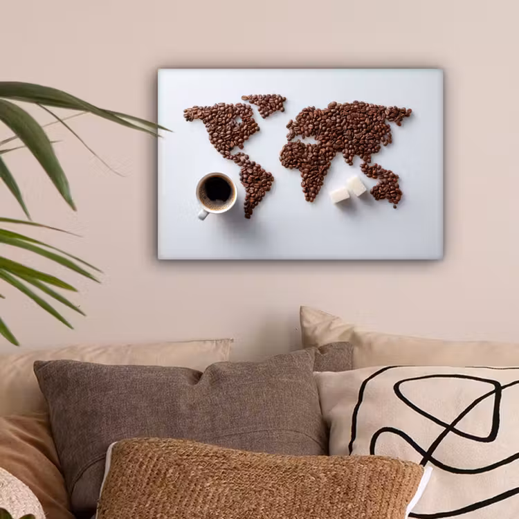 Wereldkaart - Koffiebonen - Suikerklontjes canvas 2cm klein -sfeer1