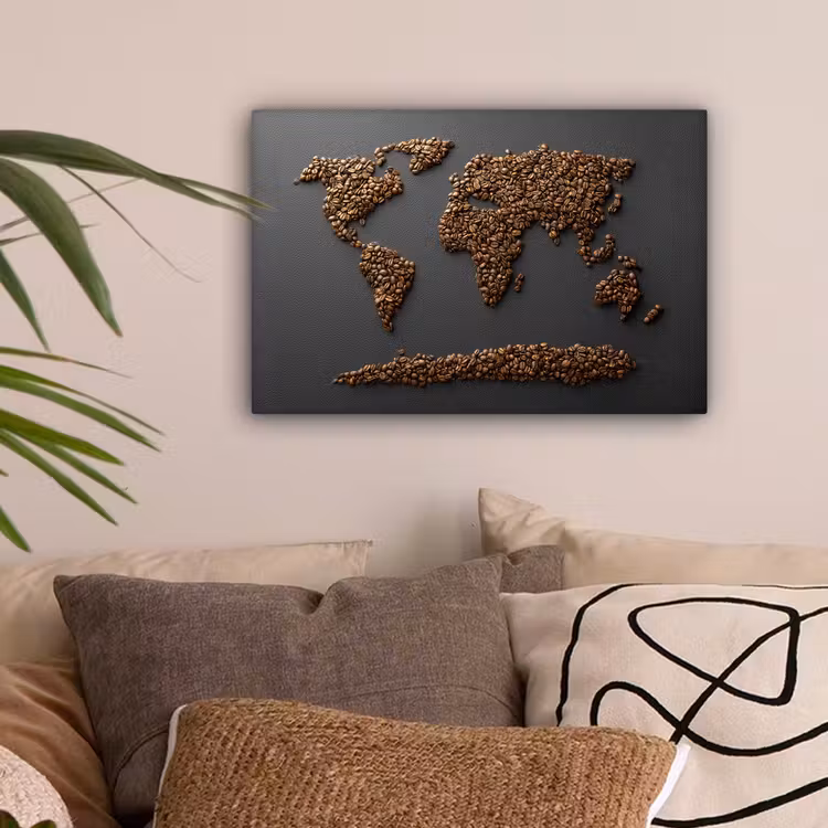 Wereldkaart - Koffie - Grijs canvas 2cm klein -sfeer1