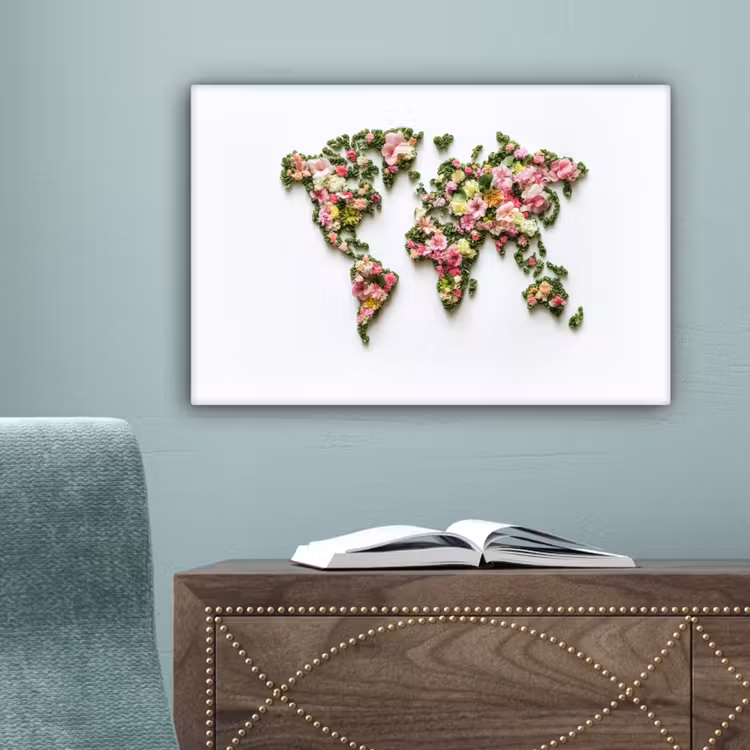 Wereldkaart - Kleurrijk - Bloemen - Lente canvas 2cm klein -sfeer4