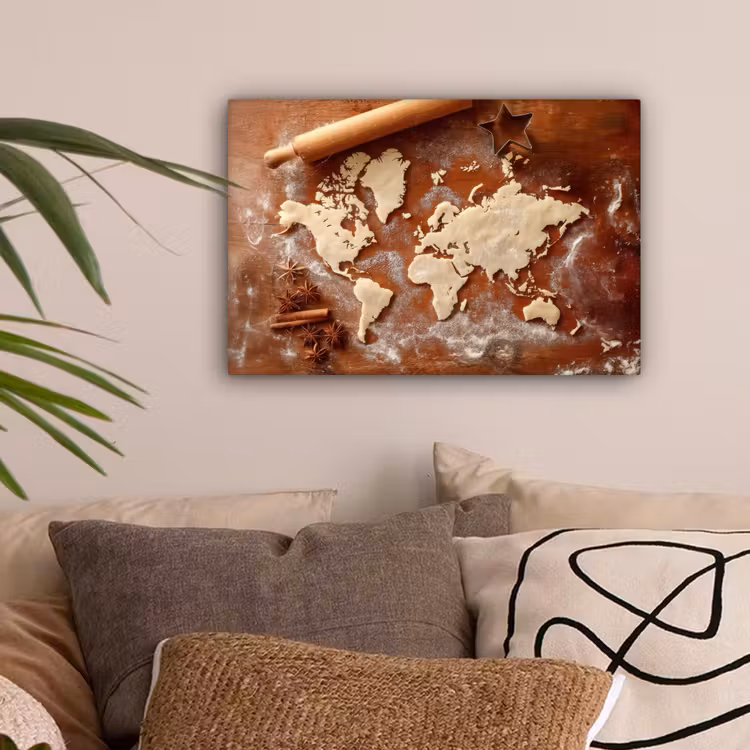 Wereldkaart - Koekjesdeeg - Warme baksfeer canvas 2cm klein -sfeer1