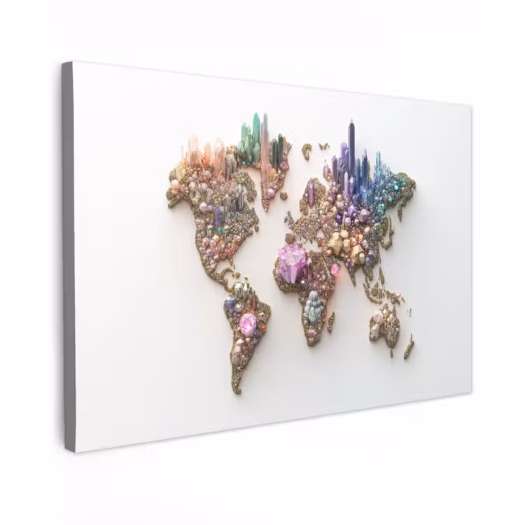 Wereldkaart - Kristallen - Unieke tinten canvas 2cm klein -z3d