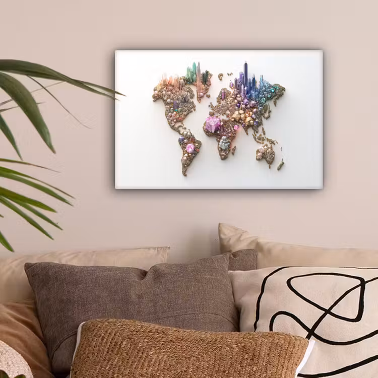 Wereldkaart - Kristallen - Unieke tinten canvas 2cm klein -sfeer1