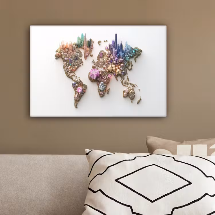 Wereldkaart - Kristallen - Unieke tinten canvas 2cm klein -sfeer3