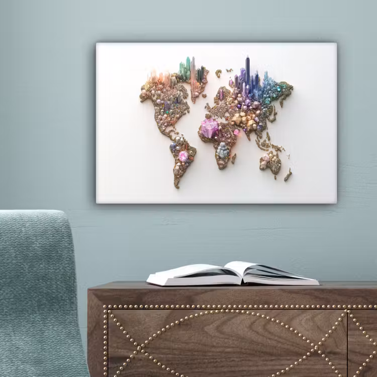 Wereldkaart - Kristallen - Unieke tinten canvas 2cm klein -sfeer4