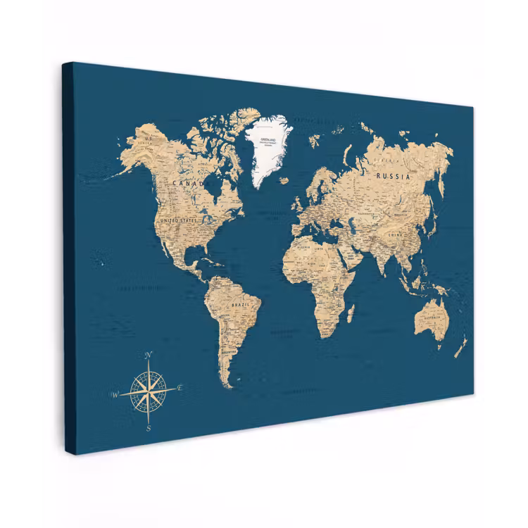 Wereldkaart - Donkerblauw - Beige canvas 2cm klein -z3d