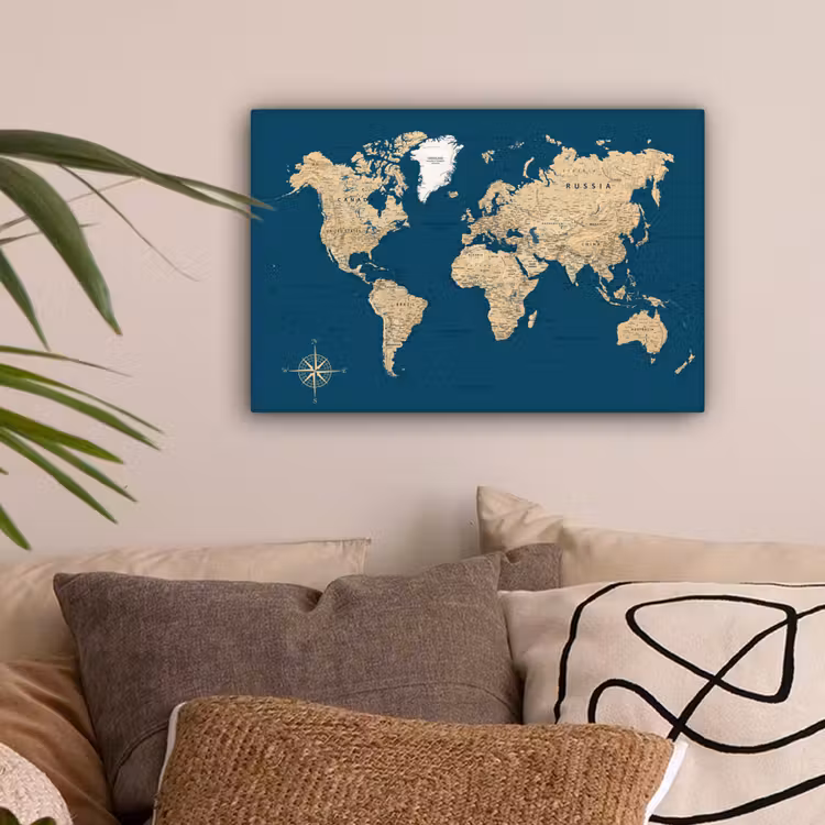 Wereldkaart - Donkerblauw - Beige canvas 2cm klein -sfeer1