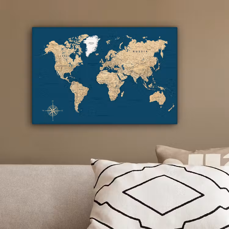 Wereldkaart - Donkerblauw - Beige canvas 2cm klein -sfeer3