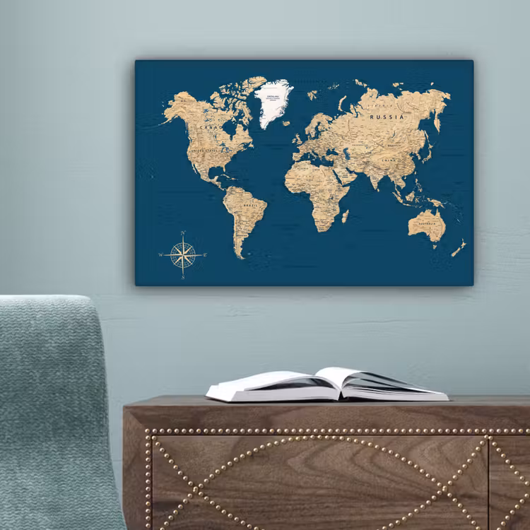 Wereldkaart - Donkerblauw - Beige canvas 2cm klein -sfeer4