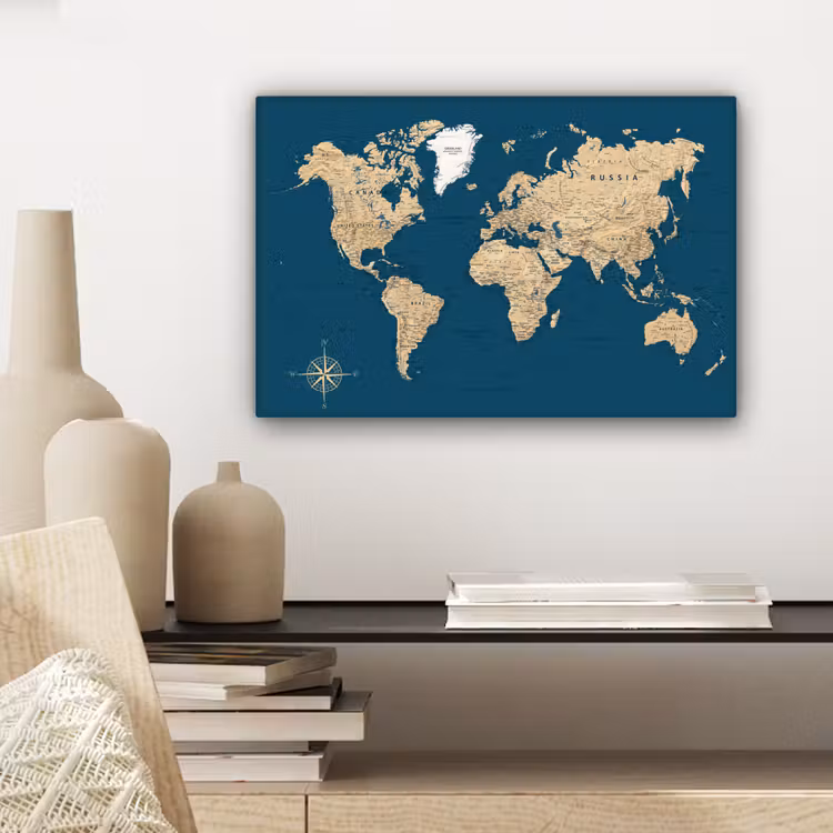 Wereldkaart - Donkerblauw - Beige canvas 2cm klein -sfeer6