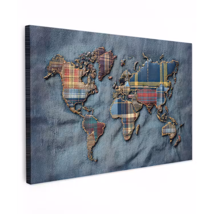 Wereldkaart - Denim - Textiel canvas 2cm klein -z3d