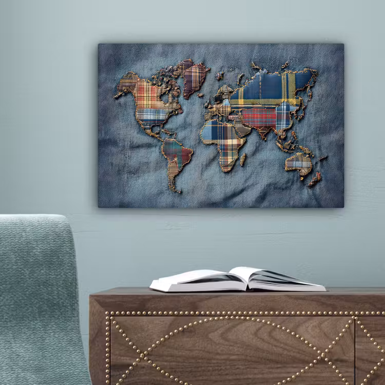 Wereldkaart - Denim - Textiel canvas 2cm klein -sfeer4
