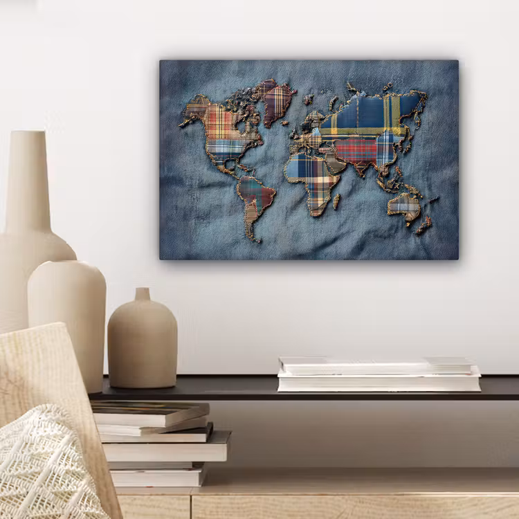 Wereldkaart - Denim - Textiel canvas 2cm klein -sfeer6