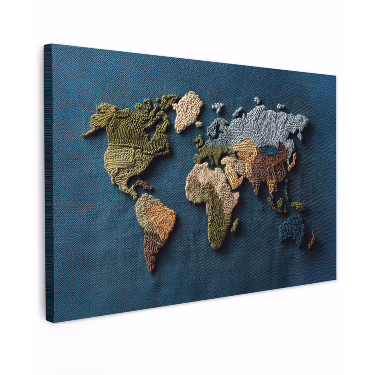 Wereldkaart - Geborduurd - Verschillende tinten canvas 2cm klein -z3d