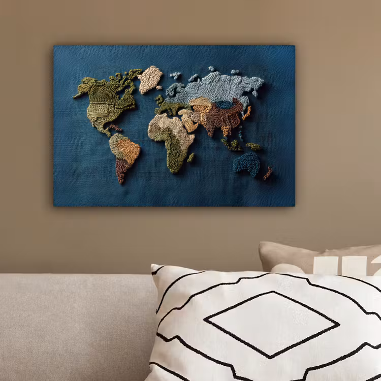 Wereldkaart - Geborduurd - Verschillende tinten canvas 2cm klein -sfeer3