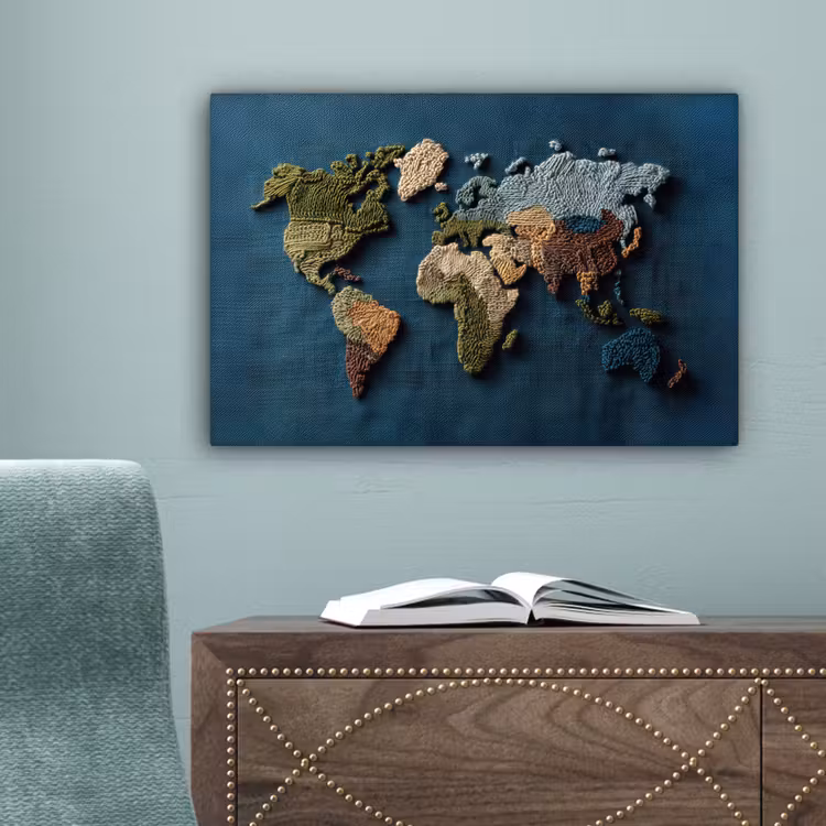 Wereldkaart - Geborduurd - Verschillende tinten canvas 2cm klein -sfeer4
