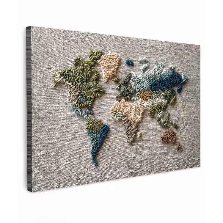 Wereldkaart - Geborduurd - Aardetinten canvas 2cm klein -z3d