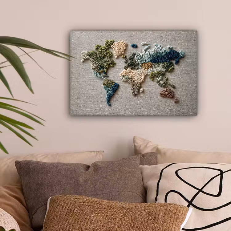 Wereldkaart - Geborduurd - Aardetinten canvas 2cm klein -sfeer1