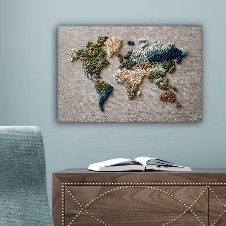 Wereldkaart - Geborduurd - Aardetinten canvas 2cm klein -sfeer4