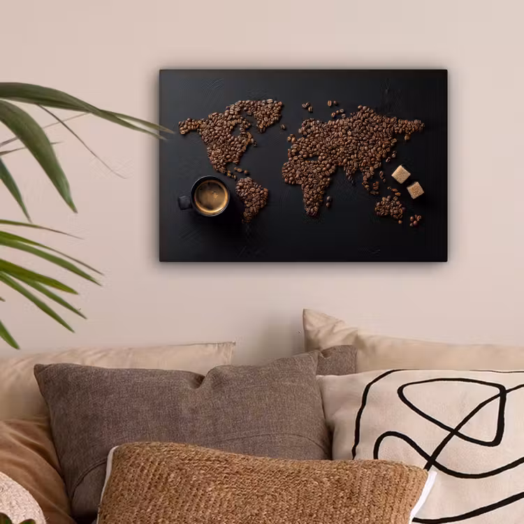 Wereldkaart - Espresso - Zwart canvas 2cm klein -sfeer1