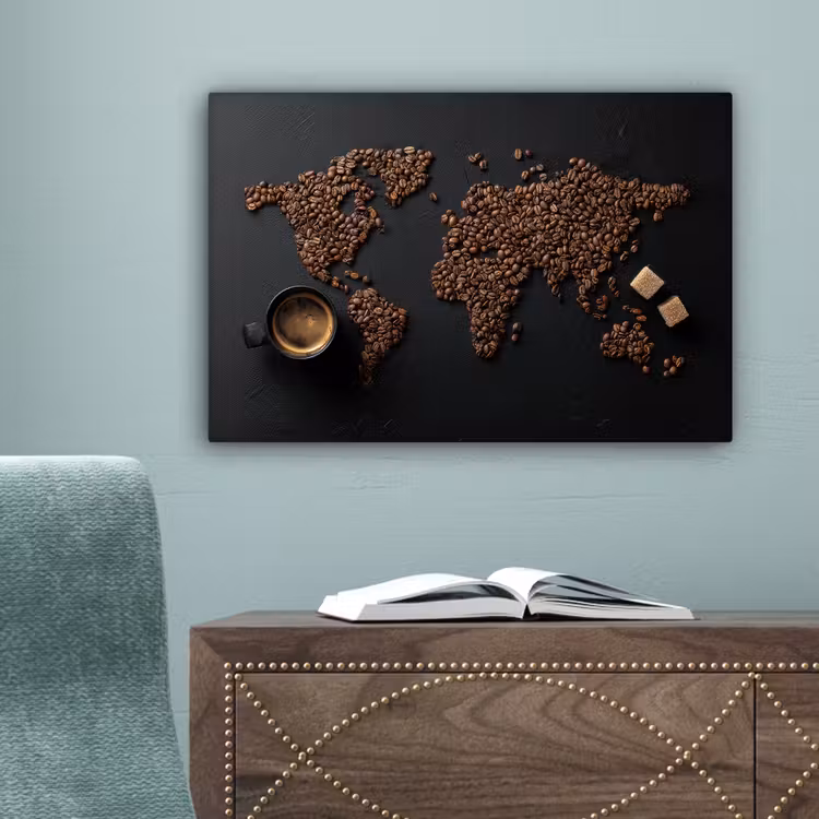 Wereldkaart - Espresso - Zwart canvas 2cm klein -sfeer4