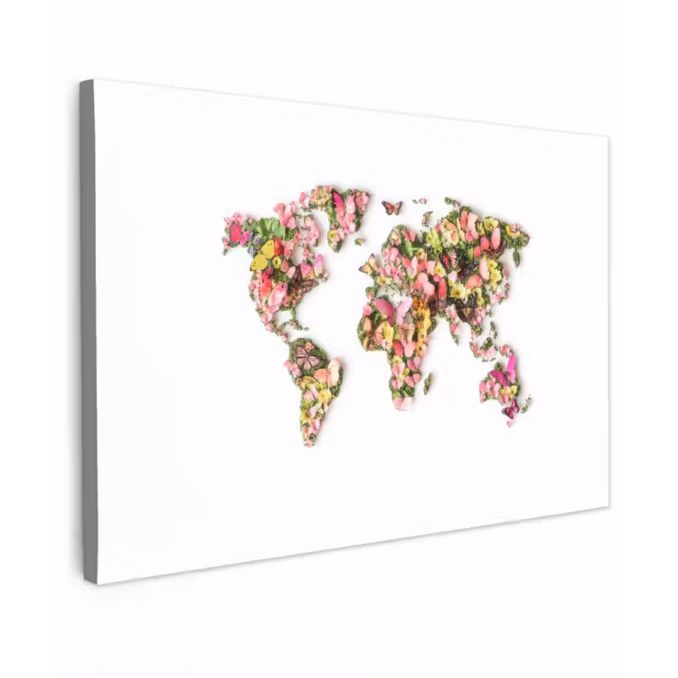 Wereldkaart - Bloemen - Felgekleurd canvas 2cm klein -z3d