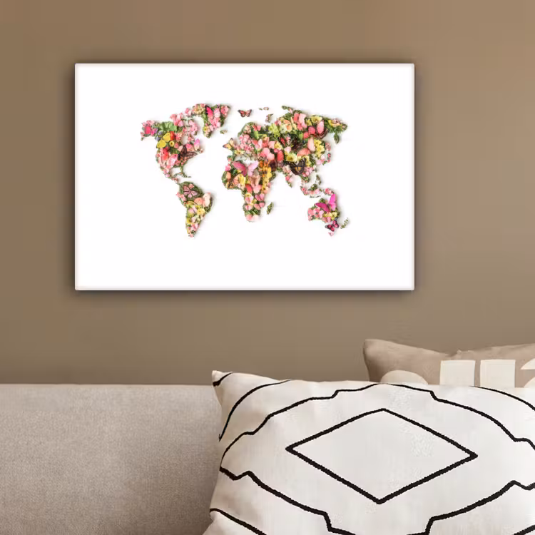 Wereldkaart - Bloemen - Felgekleurd canvas 2cm klein -sfeer3