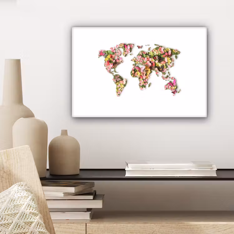 Wereldkaart - Bloemen - Felgekleurd canvas 2cm klein -sfeer6