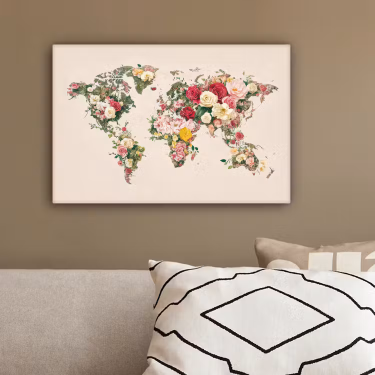 Wereldkaart - Bloemen - Roze canvas 2cm klein -sfeer3