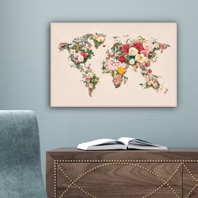 Wereldkaart - Bloemen - Roze canvas 2cm klein -sfeer4