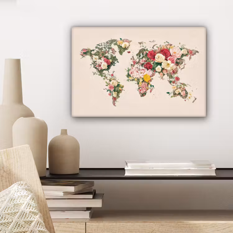 Wereldkaart - Bloemen - Roze canvas 2cm klein -sfeer6