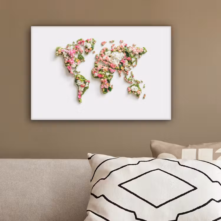 Wereldkaart - Bloemen - Subtiel canvas 2cm klein -sfeer3