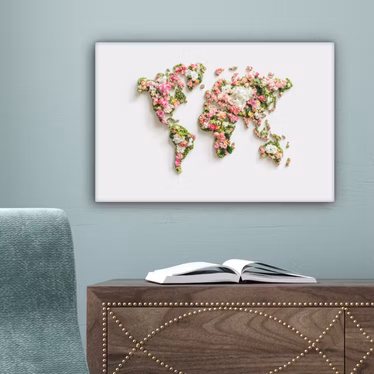 Wereldkaart - Bloemen - Subtiel canvas 2cm klein -sfeer4