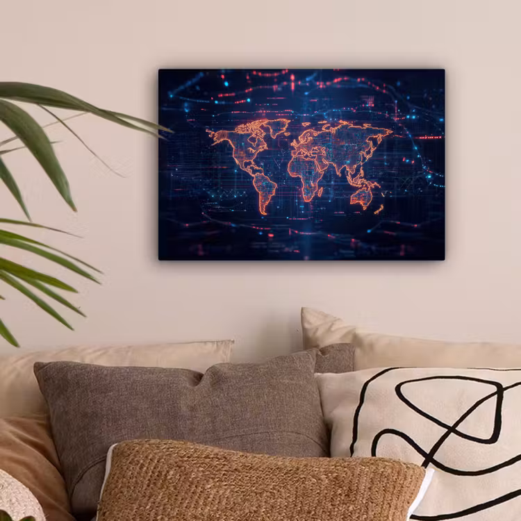Wereldkaart - Futuristisch - Oranje canvas 2cm klein -sfeer1